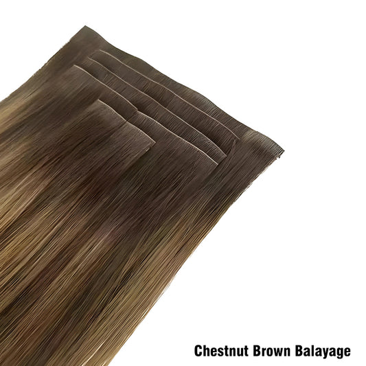 Chestnut Brown Balayage Invisible Clip In Hair Extensions, Virgin Human Hair