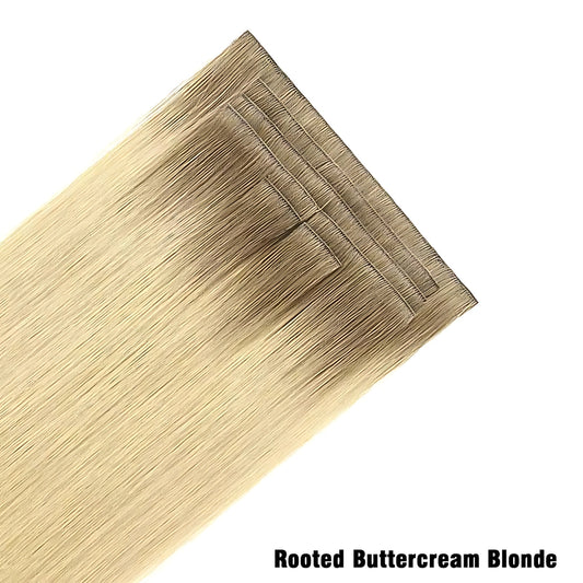 Rooted Buttercream Blonde Invisible Clip In Hair Extensions, Virgin Human Hair