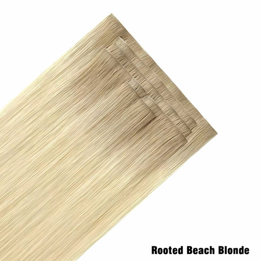 Unsichtbare Clip-In-Haarverlängerungen „Rooted Beach Blonde“, unbehandeltes menschliches Haar