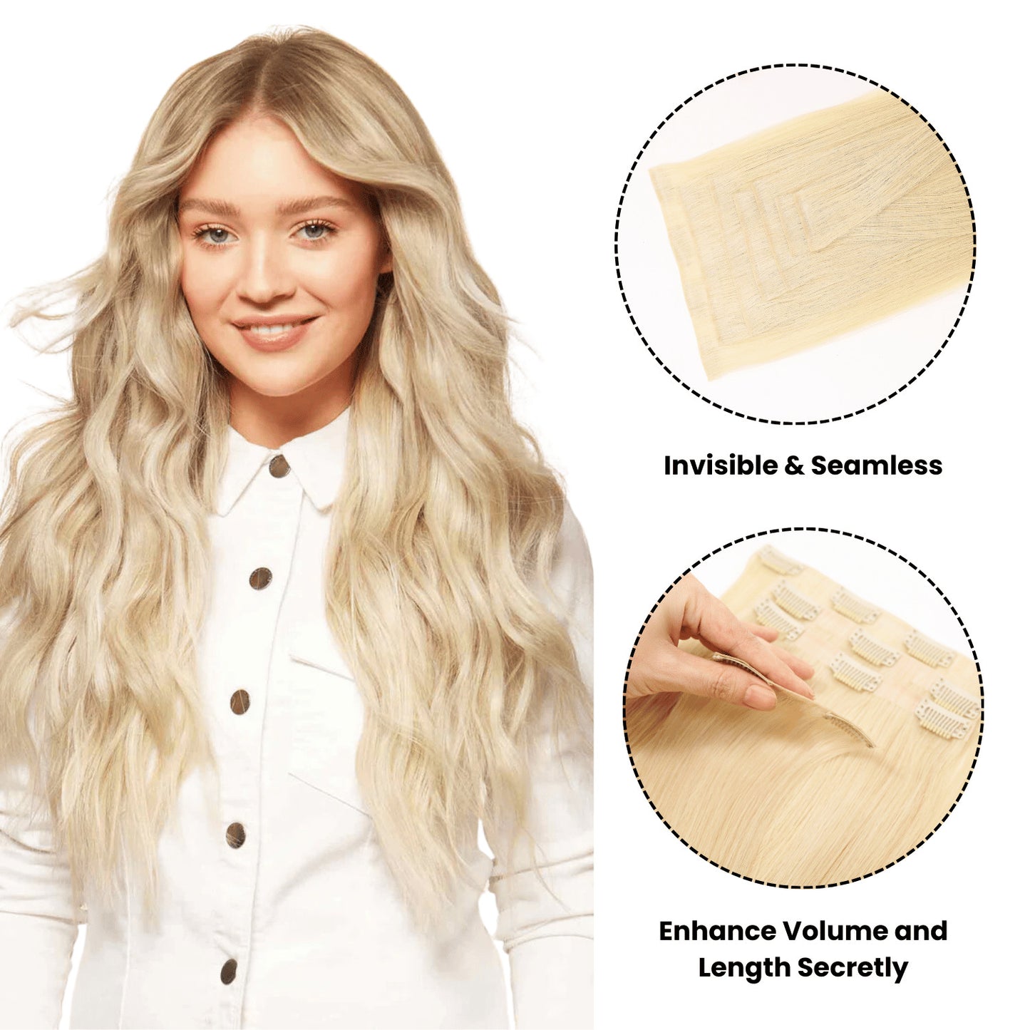 Champagne Blonde Invisible Clip In Hair Extensions, Virgin Human Hair