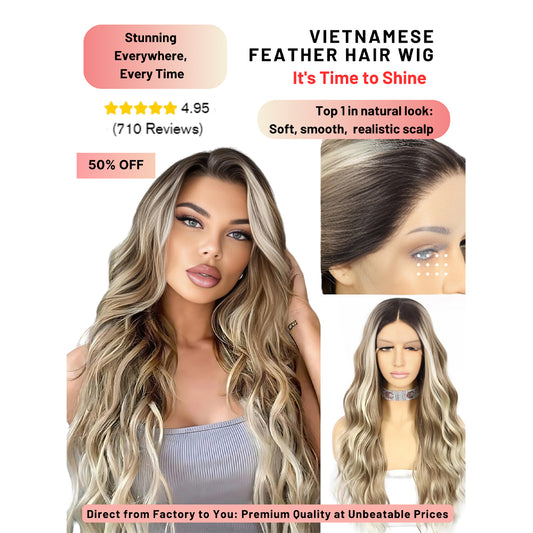 Weißblonde Balayage-Perücke | 100 % vietnamesisches Haar | Gefiedertes Haar, die ultrarealistische Kopfhautperücke, kunstvoll handgefertigt für lange Lebensdauer 